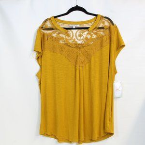 Keren Hart Women's Mustard Yellow Short Sleeve Crochet Sheer Top Women's Size 2X